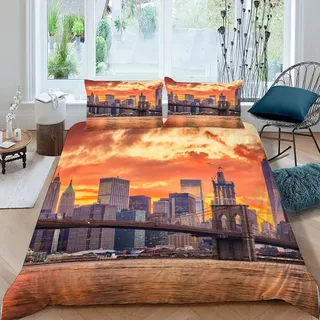 RFFLUX 3D New York Bettwäsche Set 135x200 cm 2teilig mit Reißverschluss Weiche und Angenehme Schlafkomfort Microfaser Bettbezug Modern Stadt Landschaft Kinderbettwäsche mit Kissenbezug 80x80 cm
