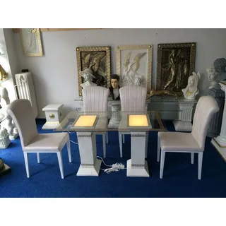 Beleuchteter Esstisch Licht Glastisch, Säulentisch, Designertisch Wohnzimmertisch Kanzleitisch, Praxistisch 100% Handgefertigt Antik Stil Retro Me... - Weiß/Gold