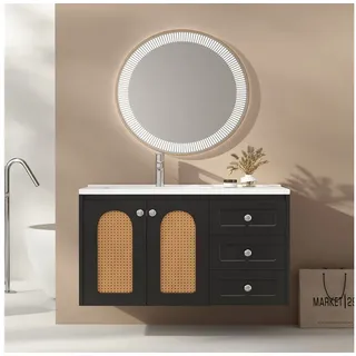IDEASY Waschbeckenschrank Badezimmerschrank, Waschbecken 90 cm breit, Rattantüren, nahtlose Oberseite, leicht zu reinigen schwarz