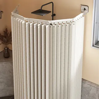 Generisch Faltbarer Duschvorhang Anti Schimmel mit Duschvorhangstange L/U Form und Saugnapf, Duschvorhang Ohne Bohren, Leinen Textil, Wasserdicht für Eckdusche, Shower Curtains,Weiß,5 Folds