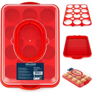 WELLHAUS Kuchen Transportbox mit Deckel - Torten Transportbox für Kuchen Blechkuchen Muffins & Cupcakes, Torte Kuchenbehälter mit Haube aus Kunststoff Passend (Rot, Rechteckig 33 x 23,5 x 10 cm)
