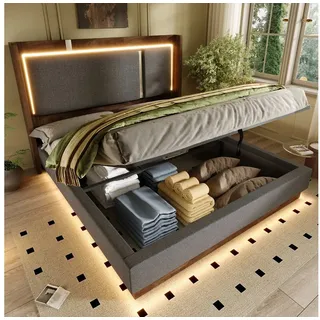 STILVORA Polsterbett 160×200 mit Matraze und Bettkasten Jugendbett Bettgestell mit LED (Doppelbett, Leinenbezug, Retro-Design, Hydrauliksystem, 60 cm Kopfteil, Walnussoptik, Metallrahmen, EVA-Pads), Für Schlafzimmer, Gästezimmer, Jugendzimmer grau