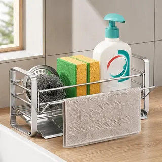 Spülbecken Organizer - Küchen Organizer mit Spülbürstenhalter & Geschirrtuchhalter, automatischem Abflusssystem Spüle Organizer Edelstahl, Schwammhalter Spülbecken Küchen Arbeitsplatten (Silber 2)