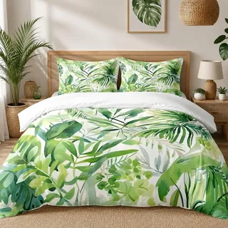PNHCL Tropische Pflanzen Bettwäsche 180 x 200 Grüne Blätter Teenager Mädchen Jungen Bettbezug mit Reißverschluss Dschungel Wende Bettwäsche Set mit 2 Kissenbezug 80x80 X-68