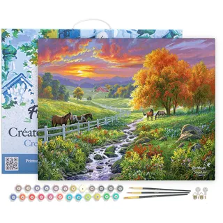 Figured'Art Malen Nach Zahlen Erwachsene Mit Rahmen Landschaftlicher Sonnenuntergang und Pferde - Paint by Numbers Basteln DIY Bastelset 40x50cm Leinwand gespannt auf Holzrahmen
