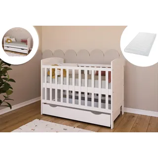 Kids Collective Babybett Kinderbett 70x140 cm mit Matratze & Schublade umbaubares Gitterbett höhenverstellbar | Baby Bed weiß Made in Europe 70x140 cm | von Geburt bis 6. Lebensjahr