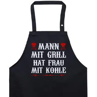 EXPRESS-STICKEREI BBQ Grillschürze - Lustige Kochschürze für Grillfans - Verstellbare Latzschürze für Männer/Frauen - Küchenschürze mit Spruch Mann mit Grill hat Frau mit Kohle - Einheitsgröße