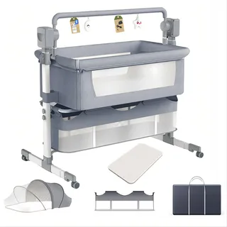 Aveainelle Babybett und Multifunktionales Kinderbett, Faltbare und Umwandelbare Babywiege, Verstellbare Beistellbett, Co-Sleeping Babybett und Rollen (Mittelgrau)