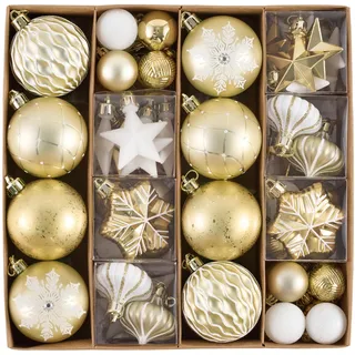 Valery Madelyn Weihnachtskugeln 60tlg. Kunststoff Christbaumkugeln Weihnachtsbaumschmuck Dekoration Weihnachtsdeko mit Aufhänger Gold Weiß Elegant Thema(M)