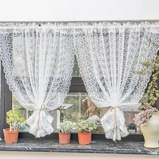 Yaland Scheibengardine mit Spitzen Blumen Stickerei HxB 45x130cm 1 Stück | zarte transparente Gardine mit Tunnelzug in Küche, Wohnzummer & Balkon Landhausstil Küchegardine Kurstore Weiß