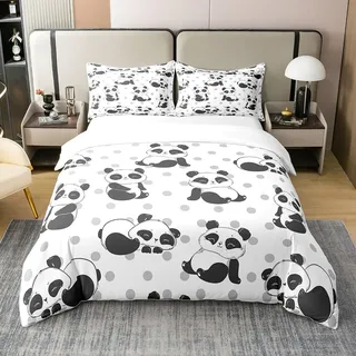 richhome Kawaii Panda 100% Natur Baumwolle Bettbezug 135x200, Cartoon Wild BearSoft Bettwäsche Set, graue Punkte Tröster Abdeckung Bettwäsche (kein Tröster)