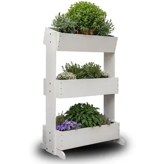 Design Hochbeet Balkon Weiß 3 Etagen Blumenkasten Gemüsebeet Kräuterbeet inkl. Gartenvlies schmales Vertikales Beet für Balkon Garten Terrasse Indoor aus Holz | MaLa - Funktion trifft Design