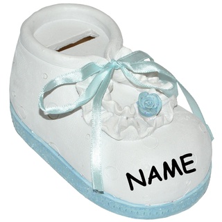 alles-meine.de GmbH Spardose Babyschuh - blau für Baby  ́s Jungen + Name - stabile Sparbüchse aus Kunstharz - Geldgeschenk Baby zur Geburt Taufe Geld Sparschwein - Babyschuhe Schw..