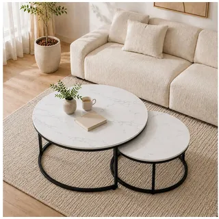 HomeGuru Couchtisch rund, Satztische 2 St., Marmormuster, Sintergestein, modernes Design (2-St., Set) weiß 80 cm x 45 cm x 80 cm