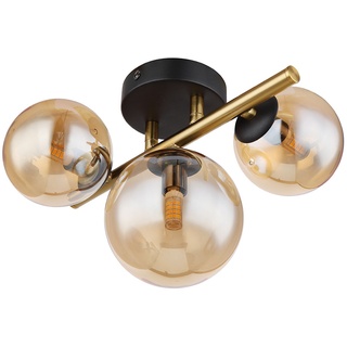 Wandleuchte Wohnraum Wandlampe Design schwarz messing Kugellampe Glas LED Wandleuchte Innen, Glaskugel amber, 3 flammig G9, 3x 3,5W 350 lm, 3000K, LxBxH 28x21x19 cm