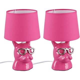 Tischleuchte Tischlampe Leuchte Nachttischlampe Keramik für Schlafzimmer Esszimmerlampe Modern, Hund mit Brille pink, Textil, 1x E14 Fassung, DxH 18x29 cm, 2er Set