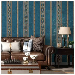 JLWM Tapete Barock Vlies, Vliestapete Barocktapete 3d Linderung Amerikanisch Vintage Pastoral Europäischer Stil Luxuriös-Blau A-0.53x10m
