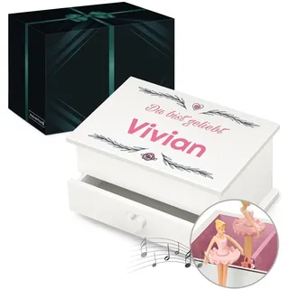 Maverton personalisierte Musik Schmuckdose mit Aufzieh-Spieluhr - Schmuckkästchen Ballerina - Musikspieldose für Mädchen zur Geburt - zum Geburtstag - zu Weihnachten - mit Schublade - Herzchen