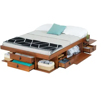 Bali Massivholzbett 160x200 - Schrankbett & Stauraumbett mit Schubladen - Praktisches Holzbett mit Lattenrost - Bett für kleine Schlafzimmer - Robustes Funktionsbett - Bettgestell Holz Farbe Karamell