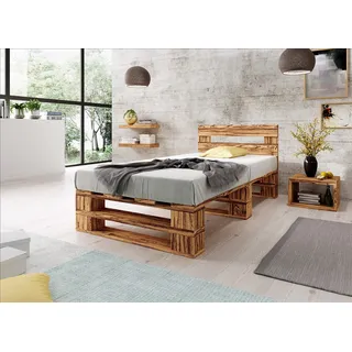 Lermowood Palettenbett M2 aus Holz 100 x 200 cm Geflammt mit Kopfteil Holzbett 30cm Stabiles Seniorenbett Kinderbett Jugendbett Gästebett erhöhtes Einzelbett Bettgestell Futon Komforthöhe Naturholz