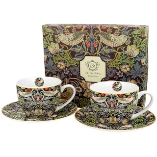 Duo Kollektion Art Gallery by William Morris EIN Satz von 2 Tassen mit Untertassen Strawberry Thief BLUE aus New Bone China Porzellan in Geschenkbox, Kaffeetasse, Füllmenge 280 ml