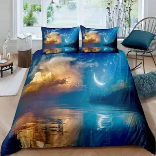 Bettwäsche-Set 200x200 cm Mikrofaser Mond Sternenhimmel 3-teilig