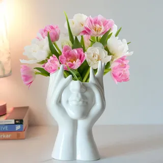 Weiße Keramikvase In Form Eines Gesichts, 18 Cm Hoch X 9 Cm Breit, Ideal Für Pampasgras, Frische Blumensträuße Und Als Innendekoration.