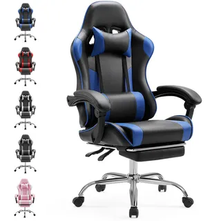 Sweetcrispy Gaming Stuhl, Ergonomisch Gaming-Stuhl,Blau | Bürostuhl mit Fußstütze, Kopfstütze Lendenkissen, 90-150° einstellbar, Leder Drehbar, Schreibtischstuhl Computerstuhl