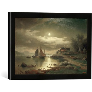 Gerahmtes Bild von 19. Jahrhundert Mondnacht am Sonje-Fjord, Kunstdruck im hochwertigen handgefertigten Bilder-Rahmen, 40x30 cm, Schwarz matt