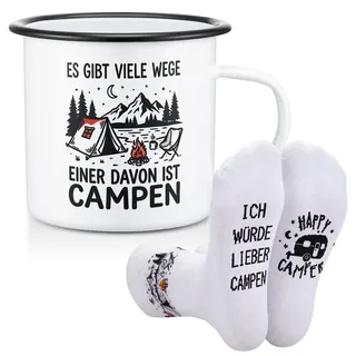 Jadive 2 Stücke Camping Geschenke Männer Frau 1 Camping Emailletasse 1 Paar Camper Socken Wohnwagen Camper Tasse Emaille-Weiß-Schwarz Standard Lustige für Wandern Wohnmobil Ausflüge (Retro)