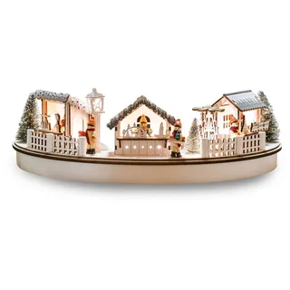 hellum LED Holz Weihnachtsmarkt im Halbkreis, Batterie & Timer für innen | Weihnachtsstadt mit Beleuchtung mit 8 warnweißen LED, 40x20x12,5cm, Weihnachtsdeko Holz Fensterbank, Weihnachtshaus 524604