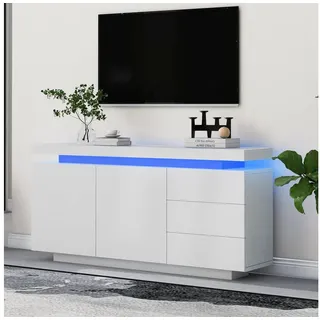 STILVORA Sideboard Beistellschrank mit LED-Licht,Grifflos Aufwahrungschrank mit Schublade (Hochglanz mit LED inkl. Fernbedienung, Schubkastenkommode, Kommode aus Holz mit 4 Fächern und 3 Schubladen), Beistellschrank, Breite 140cm weiß