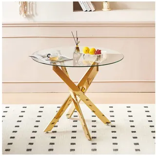 Celya Esstisch Runder Tisch mit kreuzförmigen Metallbeinen (80x80x75cm, Tischplatte aus gehärtetem Glas, verchromte Beine), Modernes und minimalistisches Design, ideal fürs Wohnzimmer. goldfarben