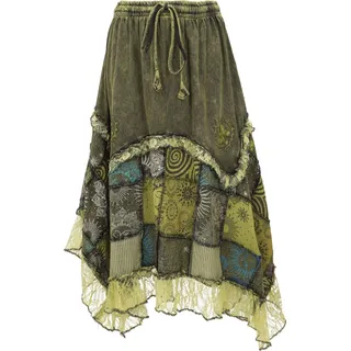 Langer Boho Stonewash Patchwork Zipfelrock Maxirock mit Spitze - Grün, Damen, Baumwolle, Größe: S/M - Grün - 36