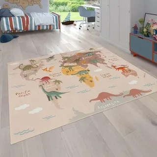 KADIMA DESIGN Kinderteppich waschmaschinenwaschbar Dinosaurier‐Weltkarten‐Muster Kinderzimmer schmutzabweisend Beige 120 x 160 cm