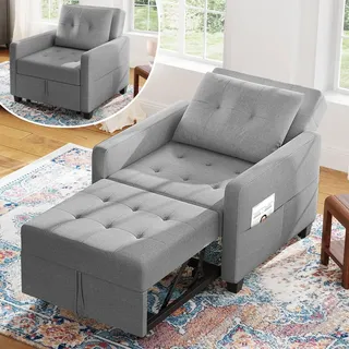 Vesgantti Schlafsessel mit Bettfunktion 3-in-1 Ausziehbares Schlafsofa Umwandelbarer Stuhl Bett Verstellbarer Einzelsessel mit Seitentasche, für kleinen Raum, Hellgrau