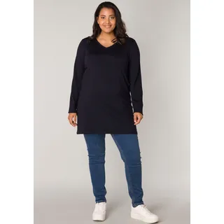 V-Ausschnitt-Pullover BASE LEVEL CURVY "BAS-ANINE-LONG" Gr. 50, blau (dark blue) Damen Pullover Feinstrickpullover Feinstrick-Qualität