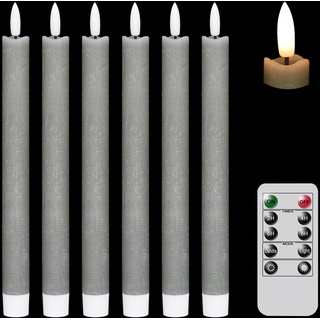 Eldnacele Graue flackernde LED Stabkerzen mit 10-Tasten-Fernbedienung, batteriebetriebene 24,5cm elektronische Kerzen aus echtem Wachs für Weihnachts-, Zuhause- und Hochzeitsdekoration (6er Pack)