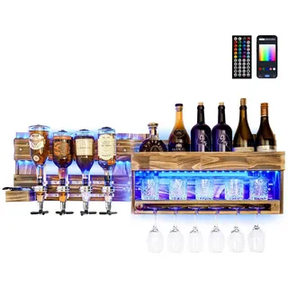 Yorbay Weinregal Weinregal aus Holz, Wandbar mit 4 Getränkespender Wandmontage, Mit LED Beleuchtung, Mit Fernbedienung Flaschenhalter Vintage Stil