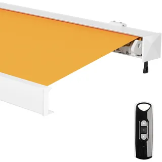 paramondo Markise Kassettenmarkise Line Gelenkarmmarkise Balkon Terrasse Sichtschutz, mit jarolift Funkmotor, Vollständig zusammengebaut, 3,5 x 3 m, Gestell: Weiß, Stoff: Uni, Gelb
