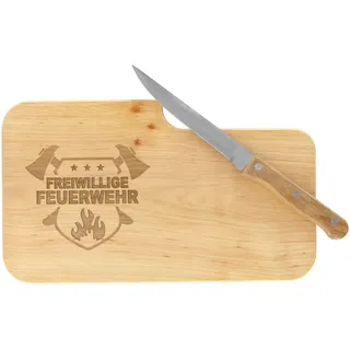 LASERHELD | Brotzeitbrett Holz mit Gravur “Freiwillige Feuerwehr” & Messer | 26 x 15 cm | Frühstücksbrettchen Holz Schneidebrett Jausenbrett | Geschenk für Feuerwehrleute zum Vatertag Feuerwehr