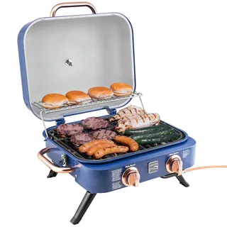 Kenmore Tragbarer Gasgrill - Kleiner 2-Brenner Balkongrill (4,1 kW) - BBQ Grill ideal für Camping, Camper und Balkon - 58 x 48 x 39 cm - Campingaz Grill - Tisch-Gasgrill (Blau - 50 Bar)