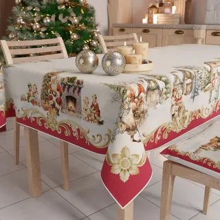 Petti - Weihnachtstischdecke Tischdecke 140 x 360 cm, rechteckig, schmutzabweisend & fleckenabweisend, Pflegeleichte Mikrofaser mit Motiv Vintage-Weihnachten, ideal für Advent & Weihnachten