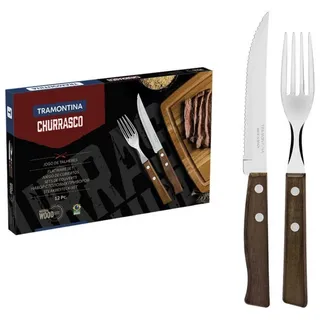 Tramontina Steakbesteck TRADICIONAL Steak-/Pizzabesteck - Holzgriff (12-tlg), 6 Personen, Edelstahl, 12-teiliges Set, rostfreier Edelstahl, Holzgriff braun