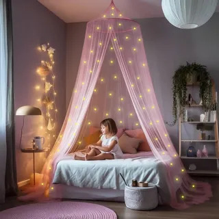 Rosa Betthimmel für Mädchen mit Leuchtsternen | Prinzessinnen Moskitonetz | Baldachin für Kinderzimmer | Himmelbett Vorhänge für Kinder & Kinderbett