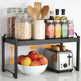 Küchenregal Arbeitsplatte Organizer, Schrankregal Ausziehbares 32-53cm, Regaleinsatz für Küchenschrank mit 3 Höhen, Stabiles Teleskopregal Küche, Schwarz - Ideal als Tischregal oder Gewürzregal