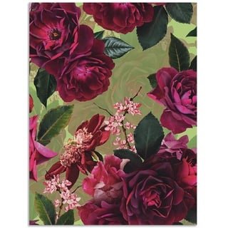 Wandbild ARTLAND "Dunkle Rosen auf Grün" Bilder Gr. B/H: 60 cm x 80 cm, Alu-Dibond-Druck Blumenbilder Hochformat, 1 St., pink Kunstdrucke
