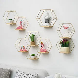 Bluelanss Hexagon Wandregal modern aus- Holz und schwarzem Metall, Gewürzregal im Industrie Design, Küchenregal, Wanddeko, Hängeregal, Wandboard freischwebend, Schweberegal Gold L