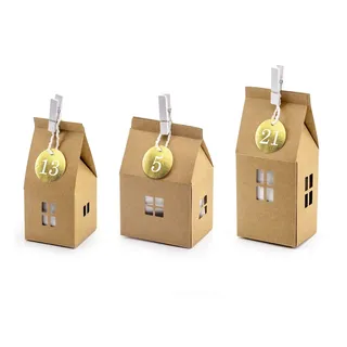 PartyDeco Adventskalender Häuser zum Befüllen 5x5x11cm - 4x6x14cm Papier Set