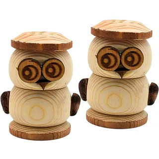 Dekohelden24 2er Set rustikale Salz-/Pfefferstreuer als Eule, Größe ca. H/Ø: ca. 7 x 4,5 cm aus Holz